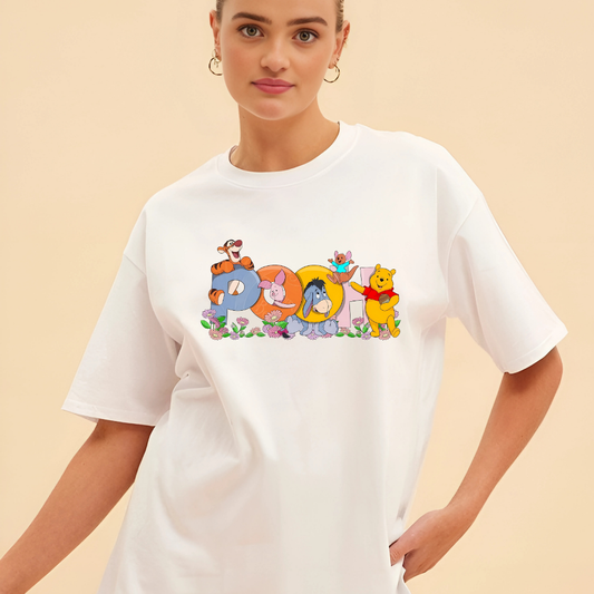 Winnie the Pooh Temalı Oversize Unisex Beyaz Tişört